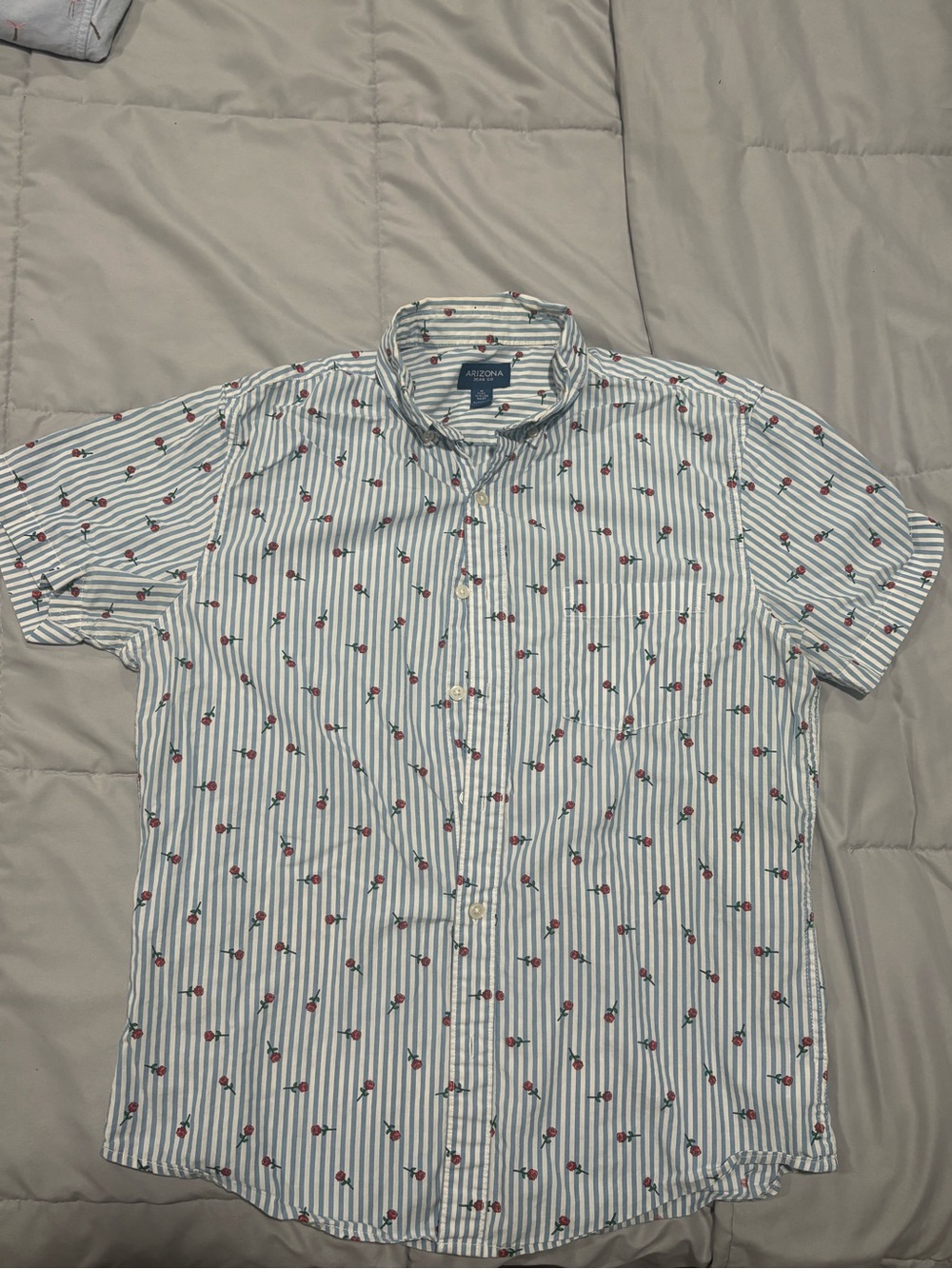 Arizona Jean Company Men’s White & Blue Striped Button-Down Shirt with Red Motif